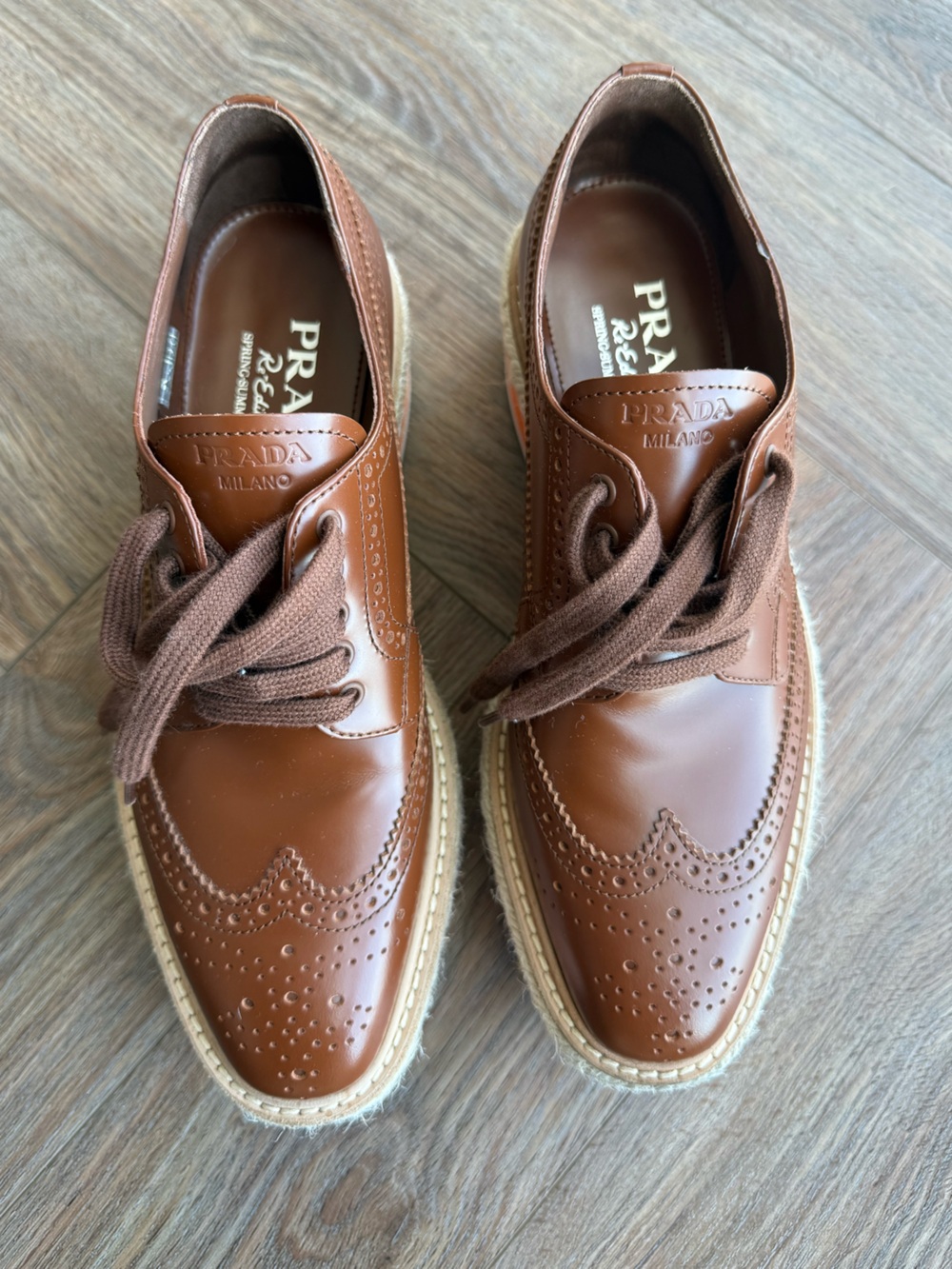 Prada Women’s Brown Leather Brogue Espadrille Platforms - 37.5
